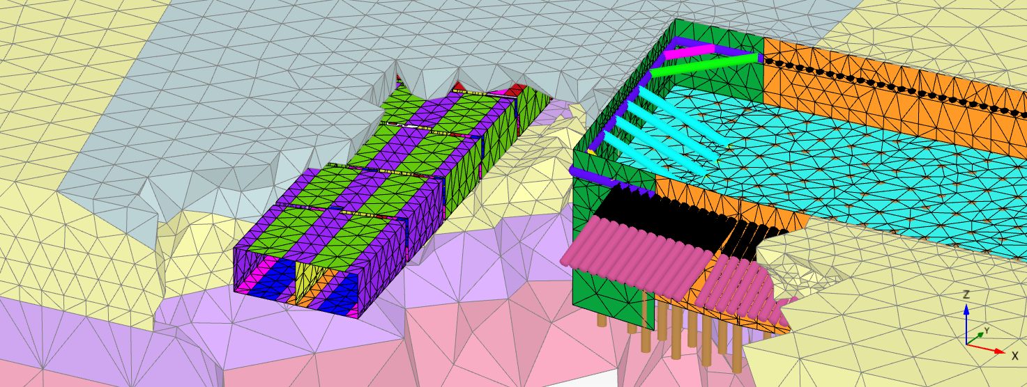 Finite element model of excavation adjacent to existing structures