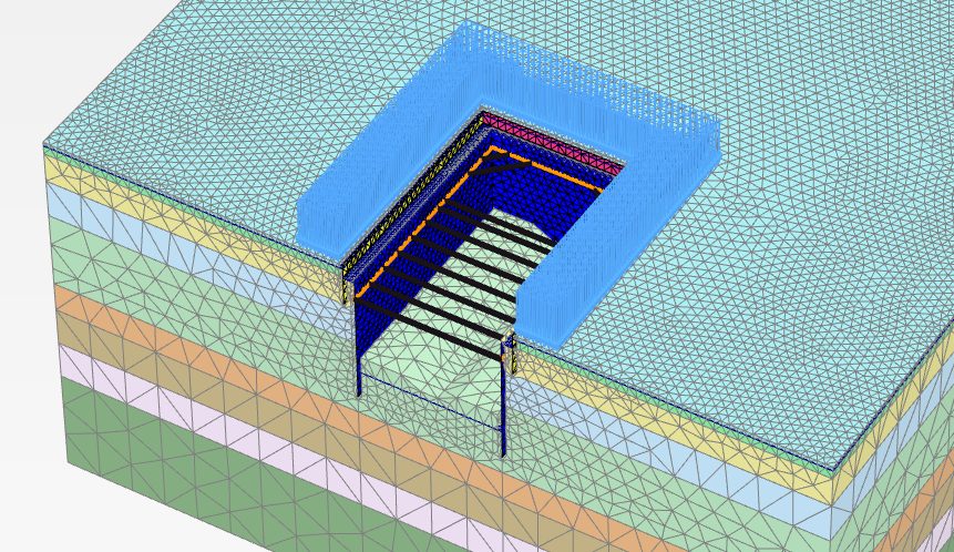 3D model of deep excavation with props