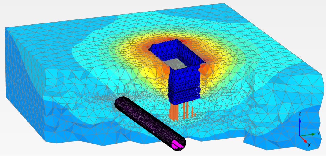 Displacement contours around a shaft and tunnel