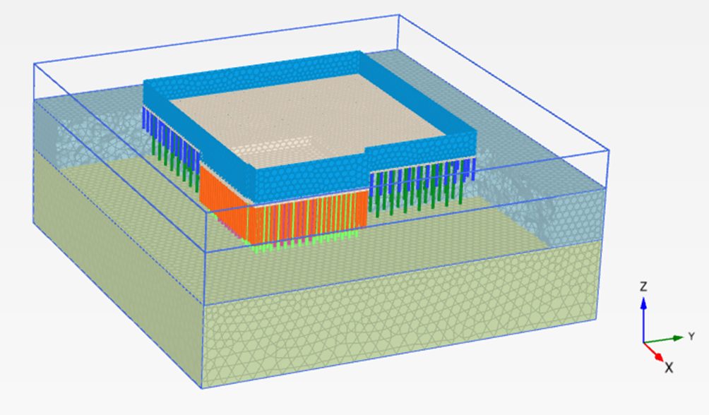 Basement box with retaining wall in layered soil
