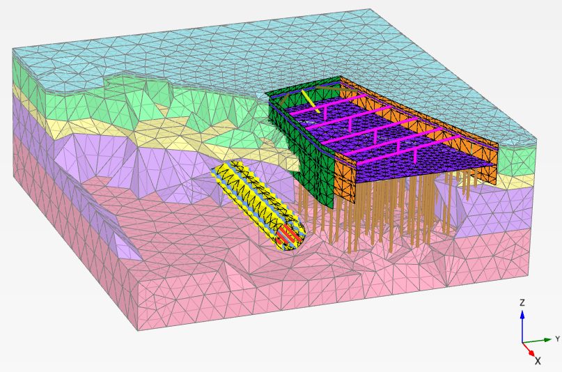 2D model of tunnel next to piled structure with pore pressure contours